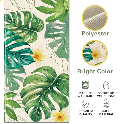 Tropical Plant Monstera Palm Leaves Dining Table Runner, Spring Summer Hawaii Botanical Burlap Kitchen Decoration, Frangipani Flower Indoor Outdoor Home Decor Party Supply 13 x 72 Inches - color: Tropical Plant, size: Table Runner 13''X72''