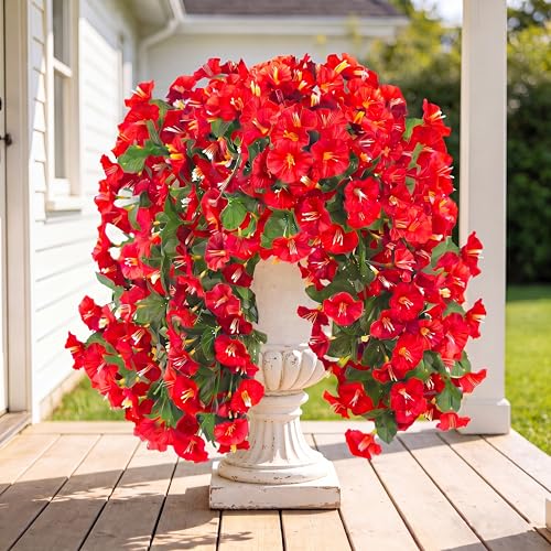 Sggvecsy Artificial Fake Hanging Flowers Plants for Outdoor Outside Spring Summer Decoration 4PCS Faux Silk UV Resistant Realistic Morning Glory Trailing Vines for Home Porch Patio Balcony(Red) - color: Red, size: 4Pcs