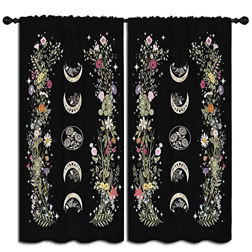 Boho Floral Wildflower Rod Pocket Blackout Curtains for Boy Girl Bedroom,Retro Moon Phase Moonlit Garden Witchy Gothic Aesthetic Thermal Insulated Home Window Drapes for Living Room Darkening,42x45in - color: Boho Floral Wildflower-004, size: 42"W x 45"L