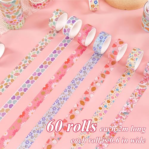 60 Rolls Washi Tape Set, 15 mm Gold Foil Cute Pattern Floral Decorative for Journaling Supplies