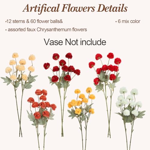 PARTY TONIGHT 12 Pcs Artificial Fall Flowers, Burnt Orange Faux Kiku Chrysanthemum, Assorted Silk Mums Balls, Autumn Fake Floral Stems for Vase Home Table Decor Arrangement（6 Mix Colors ）