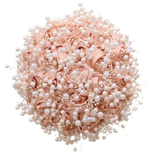 Peach Pink Bridal Wedding Bouquet Handmade with Luxury Pearl Lace Ribbon Satin Rose Flower Bouquet for Bride Bridesmaid Quinceanera Bouquet Wedding Peach Pink 9.8in - color: Peach Pink, size: Extra-large (DIA. 9.8"/25cm)