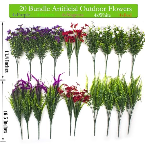 Grunyia 20Pcs Artificial Flowers for Outdoor UV Resistant & Waterproof, Realistic Fade-Proof Faux Greenery Shrubs Hanging Plants for Garden Porch Yard Lawn Patio Decorations (Vibrant Colors)