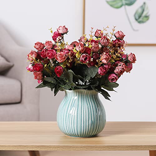 Duovlo 7 Branch 21 Mini Rose Heads Artificial Flowers Bouquet Wedding Home Office Decor,Pack of 2 (2 PCS Rose Red) - color: 2 Pcs Rose Red