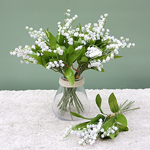 NatureMan 18 Pcs Artificial Lily of The Valley Faux White Bell Flowers Wind Chime Orchid Wedding Bouquet, Lily of The Valley Plastic Flower,for Home Garden Wedding Decoration