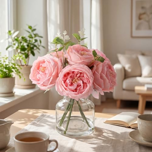 Norme Real to Touch Penoies Artificial Flowers, 6 Pcs Faux Austin Rose in Vase with Big Bloom and Fake Water Real Latex Petals for Wedding Dining Table Centerpiece Home Decor(Pink) - color: Pink