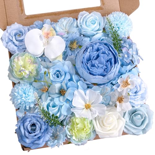 Baby Blue Flowers Artificial Roses Combo Set Fake Blue Silk Flowers Faux Peony Flowers Mix Hydrangea Orchid with Stems for Wedding Bouquets Baby Bridal Shower Party Floral Arrangements Decor - color: Sky Blue, size: The Modern Classic