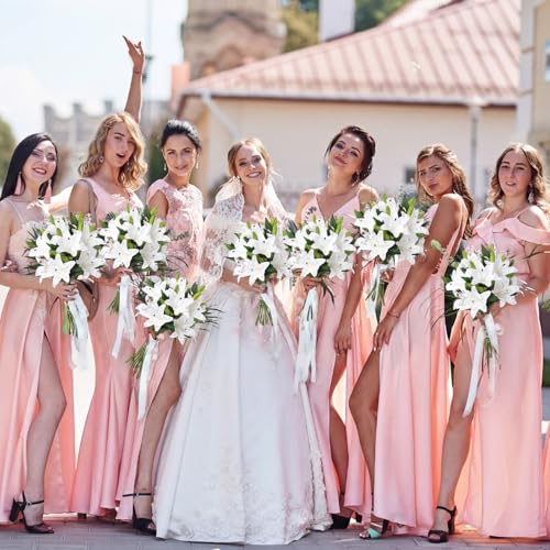 12 Bundles Lily Artificial Flower with 12 Head Full Bloom Lily & 24 Bud White Rhinestone Fake Flower Wedding Bridal Party Decor Home Hotel Bouquet Centerpiece Floral Arrangement - color: White, style: Rhinestone Lily