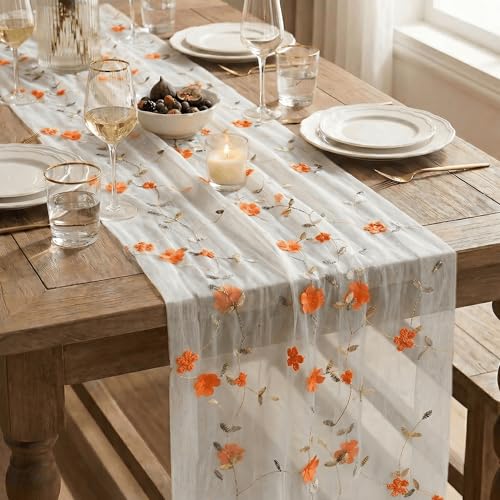 Artoid Mode Orange 3D Flower Gauze Embroidery Table Runner 120 Inch 10FT, Tulle Seasonal Spring Kitchen Dining Holiday Table Decor for Home Party - color: White-orange