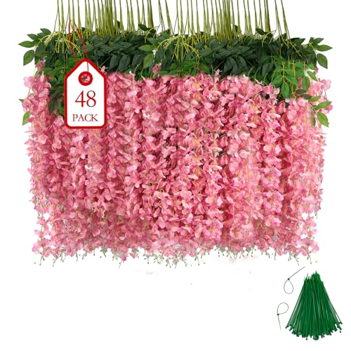 BIRDDIE 48 Pcs of Artificial Wisteria Hanging Flowers, 3.75 Feet Fake Wisteria Flower Strings for Backdrop, Wedding, Ceremony,Garden and Home Wall Decoration (Pink) - color: Pink, size: 48 pcs