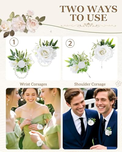 eZAKKA White Rose Corsage and Boutonniere Set for Men Wedding, Upgraded High-Fidelity Silk Flower Wristlet with Adjustable Pearl Bracelet for Prom Homecoming Party, Realistic & Non-Deforming (2Pcs) - color: White