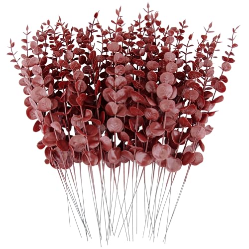 FEQO 36 Pcs Dark Red Eucalyptus Stems Artificial Leaves Faux Eucalyptus Stems Branches 15 inch for Wedding Bouquet Home Decor - color: Dark Red, size: 36 pcs