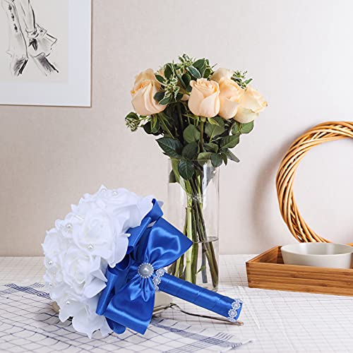 Wedding Bouquets for Brides or Bridesmaids Pearl Embellishment Roses Bridal Bridesmaid Wedding Hand Bouquet Artificial Fake Flowers.(Blue) - color: Blue