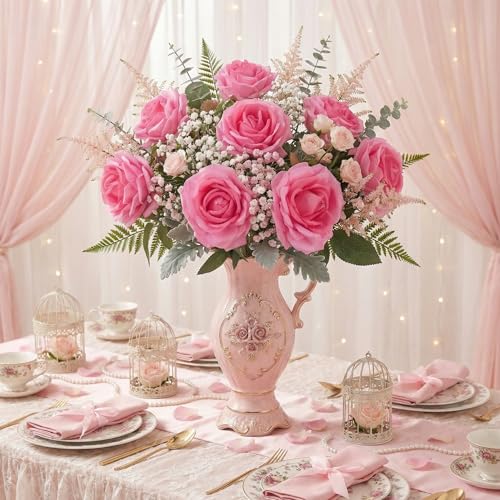 8PCS Artificial Flowers Velvet Roses Big Head Faux Rose Flowers with Long Steam for DIY Wedding Party Decoration(Pink) - color: Pink