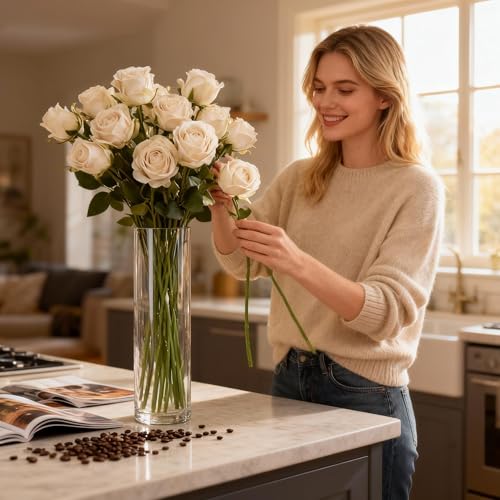 12 Pcs White Roses Artificial Flowers -20" Silk Roses Bouquet, Fake Roses Long Stem for Arrangement Wedding Centerpiece Mother's Day Home Office Party Decor - color: White