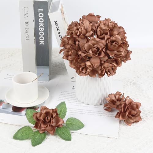 IPOPU Artificial Gardenia Flowers 25PCS 3.15'' Artificial Foam Roses Bulk Fake Flower Heads with Stems for DIY Wedding Bouquets Party Home Centerpieces Decor(Burnt Orange) - color: Burnt Orange