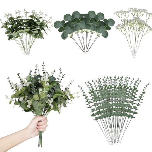 Coreland Artificial Eucalyptus Leaves Stems 120 Pcs 4 Kinds Mixed Fake Silver Dollar Eucalyptus Leaves Stem with Babysbreath Bulk Faux Leaf for DIY Bouquets Floral Arrangement Wedding Home Decor - color: Babysbreath-120pcs