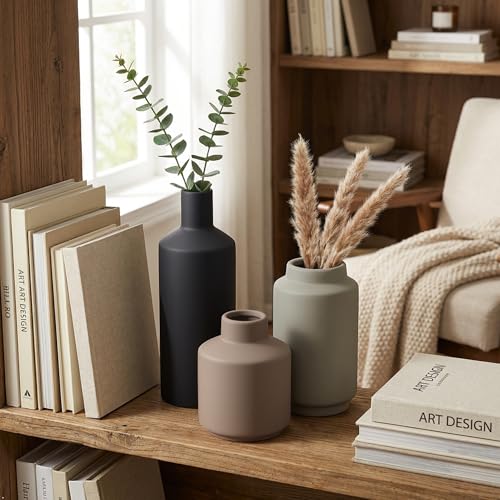 Ceramic Vase Set of 3, Modern Farmhouse Boho Table Centerpiece Vases, Small Flower Pottery for Coffee Bar Shelf Bookshelf Living Room Kitchen Decor, Rustic Home Decor Accents - color: Multi 3x