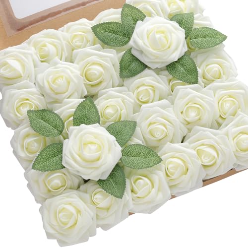 DerBlue 60pcs Artificial Roses Flowers Real Looking Fake Roses Artificial Foam Roses Decoration DIY for Wedding,Arrangements Party Home Decorations - color: Cream White