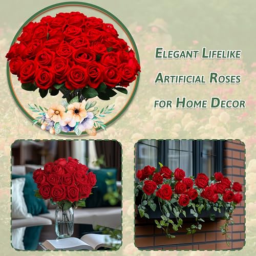30 PCS Fake Red Roses, Artificial Flowers Bulk Realistic Silk Faux Red Rose with Stems for Wedding Decoration Anniversary Bridal Bouquet DIY Floral Arrangement Romantic Home Decor - color: Red, size: 30 Pcs
