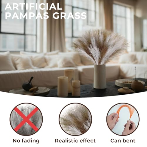 40pcs Artificial Pampas Grass 21.6" Faux Dried Flowers Pompas Grass Bouquet Flower Arrangement and Vase Filler for Gothic Room Decoration Wedding Party Boho Home Decor - color: Brown & White