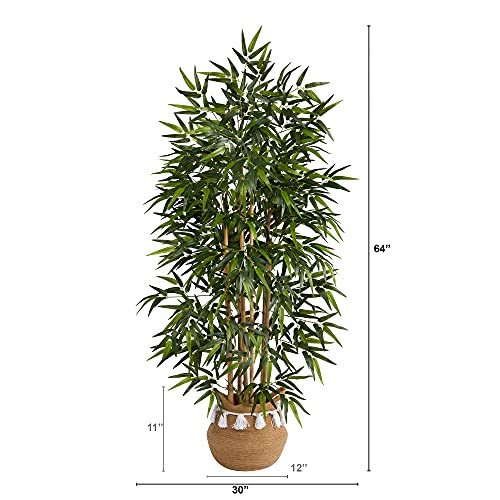 Nearly Natural 64in. Bamboo Artificial Tree with Natural Bamboo Trunks in Boho Chic Handmade Natural Cotton Woven Planter with Tassels