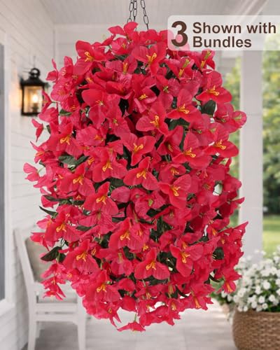 Artificial Flowers for Outdoors – 8 Bundles of UV-Resistant Artificial Bougainvillea, Realistic Silk Flowers for Front Porch, Patio, Garden, Window Boxes & Hanging Baskets (Red, 8) - color: Red, size: 8 Bundles