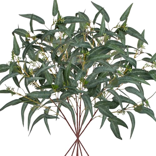 Faux Eucalyptus Stems Willow Eucalyptus Leaves 34” Long Fake Salix Leaves 6 Pcs Artificial Greenery Stems for DIY Bouquet Arrangements Centerpieces Shower Decorations-Artificial Eucalyptus Stems-Green - color: Green With Seed, size: 6Pcs