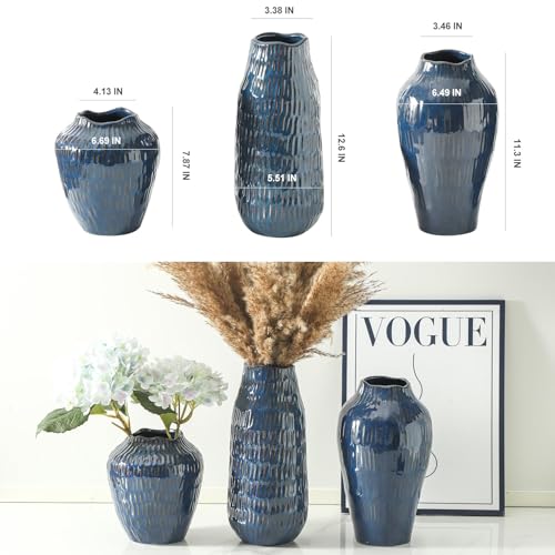 Blue Ceramic Vase for Home Decor, 12.6 Inch Tall Flower Vase with Modern Textured Finish,Decorative Floor Vase for Pampas Grass, Entryway, Living Room, Dining Table, Farmhouse or Office - color: Blue-12.6inch