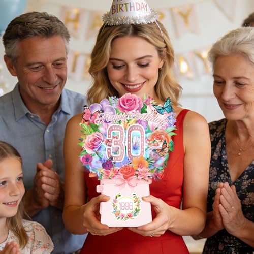 30th Birthday Cards, Light and Music 30 Years Old Happy Birthday Card, Rose Lily Orchid and Butterflies, 10 Inch Forever Flower Bouquet 3D Pop Up 1996 Birthday Gift Card for Women Wife Mom Daughter Sister - size: 1996-30th