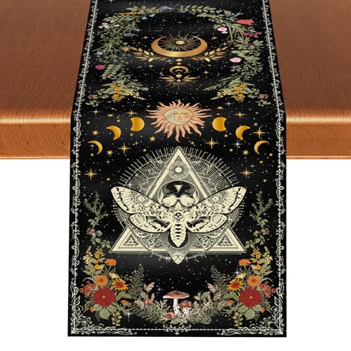 Gothic Moth Table Runner, Boho Gothic Sun Moon Phase Wildflower Mystical Witchy Farmhouse Coffee Table Center Decor for Home Kitchen Dining Patio Holiday Party Table Decorations 13x36 inches - color: Tr-moth01, size: 13x36" Table Runner