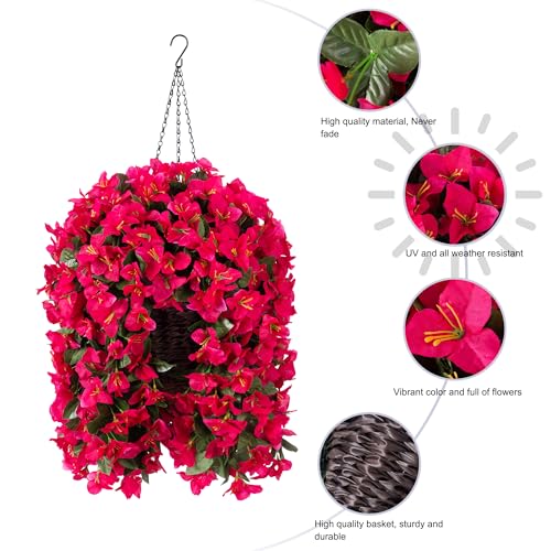INSPRING Artificial Bougainvillea Faux Flowers Plants Baskets for Outdoor Outside Decoration, 3PCS Fake Silk Flowers Long Trailing Vines UV Resistant Realistic for Front Door Porch Patio (Hotpink) - color: Hotpink