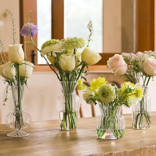12 Pcs Ribbed Glass Bud Vases Set, 4 Styles Clear Small Flower Vases in Bulk, Roman Column Vertical Ribbed Design for Wedding, Home Decor, Table Centerpieces, Party