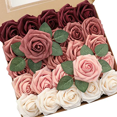 Floroom Artificial Flowers 25pcs Real Looking Burgundy Ombre Colors Foam Fake Roses with Stems for DIY Red Wedding Bouquets Bridal Shower Centerpieces Floral Arrangements Party Tables Home Decorations - color: Shades of Burgundy