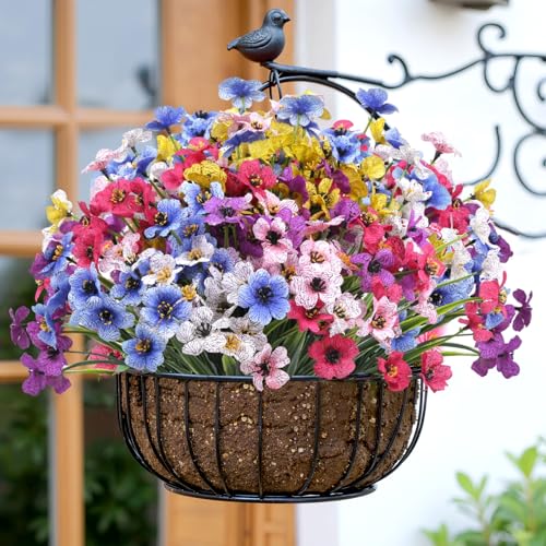 Bassion 24 Bundles Artificial Flowers for Outdoors Decoration, UV Resistant Mixed Color Silk Fake Faux Flowers Artificial Plants for Hanging Basket Outside Window Box Porch Garden Home Decor - color: Multi Color