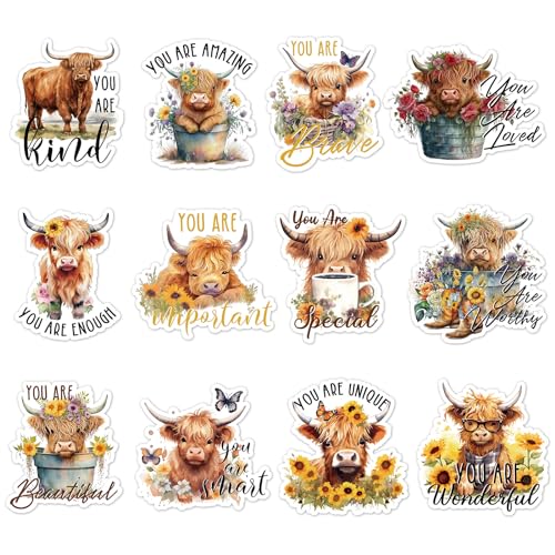 Whaline 12Pcs Highland Cow Refrigerator Magnets You are Enough You are Loved Inspirational Quotes Magnetic Stickers Motivational Magnet Decal Gifts for Graduation Women Men Friends - style: Highland Cow