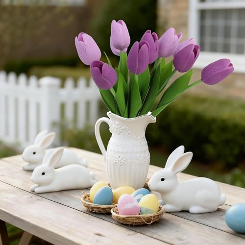 Artificial Tulips Flowers Fake Latex Tulip Stems - 30pcs Real Touch Faux Multicolor Tulips Flower for Easter Spring Wedding Bouquet Centerpiece Floral Arrangement Cemetery Table Decor - color: Purple, Lavender Purple