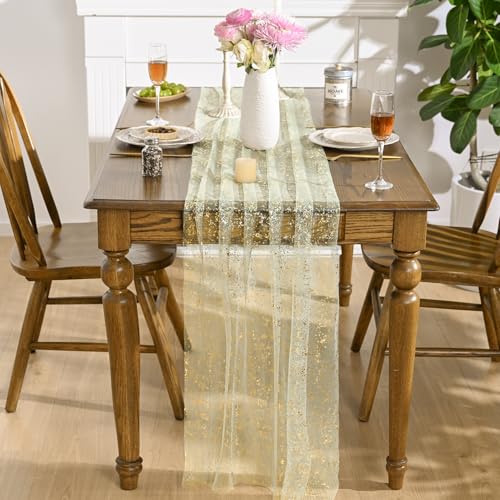 Artoid Mode Sage Green Gold Gauze Table Runner 120 Inch 10FT, Glitter Metallic Foil Sheer Dining Wedding Anniversary Holiday Birthday Table Decor for Home Party - color: Sage Green, size: 28" x 120"