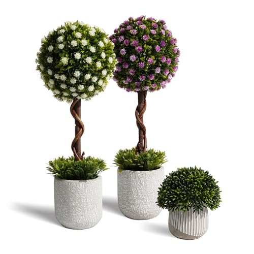 3 Pack Small Fake Plants 14 Inch in Farmhouse Concrete Planter, Artificial Boxwood Topiary ball Indoor for Home Decor, Small Faux Plants for Bathroom Bedroom Shelf Office Kitchen Room Decor - Flowers - color: White Purple-flowers