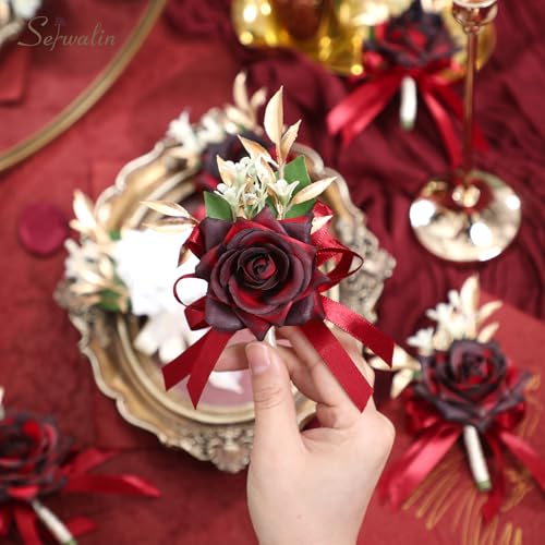 Serwalin Corsage and Boutonniere Set, Burgundy Wrist Corsage for Prom and Boutonniere for Men Wedding Artificial Flowers Rose Flowers for Homecoming Wedding Accessories - color: Burgundy, size: 1 Boutonniere & 1 Wrist Corsage - 2pcs
