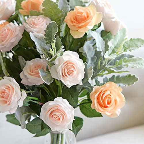 FiveSeasonStuff Fake Roses Wedding Flowers Real Touch Silk Cream Pink Artificial Flowers 12 Stems - color: Cream Pink