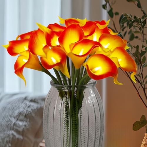 LED Lighted Artificial Flowers Calla Lily Bouquet Lamp 20 stems Real Touch Calla Faux Flower Lights for Valentine's Day Gift and Easter Home Kitchen Wedding Dining Table Decor(Orange, No Vase) - color: Orange