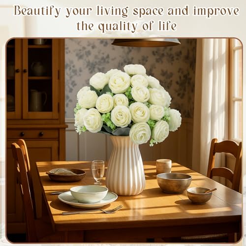 40 Heads Artificial White Rose Bouquets, 5 Bundles Fake Peony Flower Stems, 11.42 Inch Faux Silk Floral Picks for Wedding, Party, Table Centerpieces, Home Decor & Vase Filler