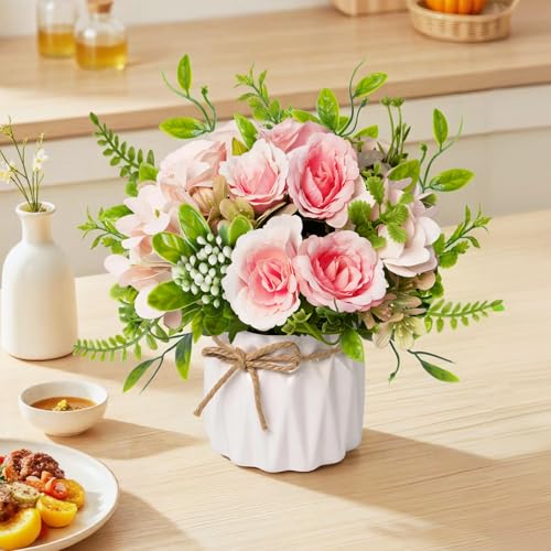 Pink Artificial Silk Roses with Ceramic Vase, No Maintenance Faux Flower Arrangement, 6.3 Inch Realistic Table Decor for Home Office Wedding - color: Pink