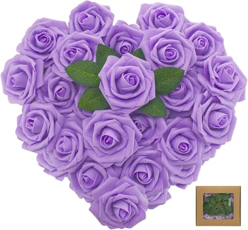 [25PCS] Isquene Purple Roses Artificial Flowers with Long Stem Real Touch Fake Foam Roses for Decoration DIY Wedding Bouquets Centerpieces Bridal Shower Flower Arrangements Home Decor - color: Purple