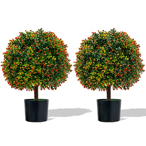 Goplus 22'' Artificial Boxwood Topiary Ball Tree, Set of 2 UV Resistant Faux Potted Plants Artificial Shrubs Bushes with Orange Fruits, Fake Evergreen Artificial Topiary for Home Front Porch Decor - color: Orange