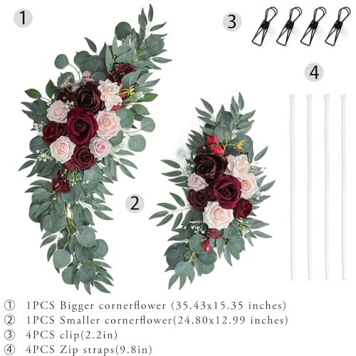 ponatia Wedding Arch Flowers (Pack of 2), Artificial Burgundy Wedding Flowers for Wedding Welcome Signs Decorations and Arch Flower for Wedding Ceremony Reception (Burgundy & Blush) - color: Burgundy & Blush