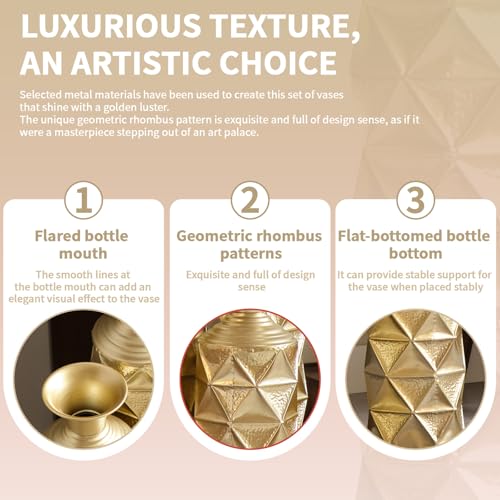 Tall Floor Vases Set of 3 for Decor Living Room Floor, Gold Vases Home Decor, Embossed Body Pattern, 33.5" H/29.5" H/25.2" H Geometric Cylinder (Gold 3) - color: Gold
