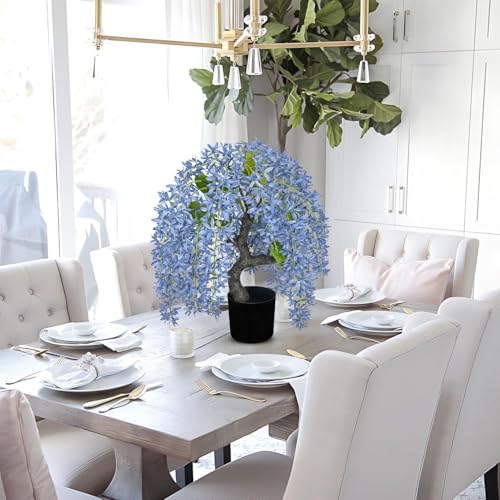 Artificial Flowers 18.5" Tall with Silk Wisteria Flower Arrangement and Realistic Wood Fake Bonsai Tree Plants Faux Plants for Spring Home Bedroom Office Bathroom Blue Coffee Table Centerpiece Decor - color: Blue-18.5