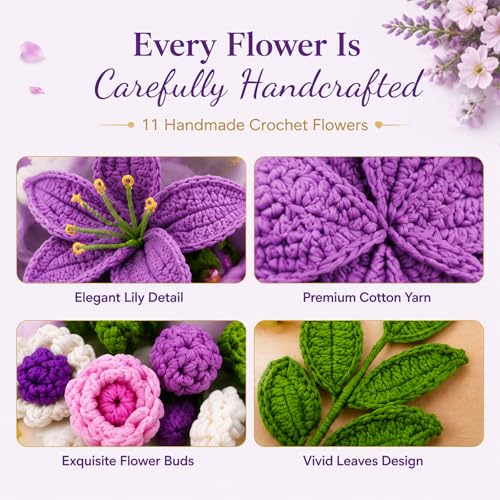 Crochet flowers Elegant purple handmade Lily flower crochet bouquet for Wife Mother Crochet Roses Flower for Mother's Day,Lover Anniversary,Birthday Gift ,Wedding Graduation Gifts home Decor(purple) - color: Purple